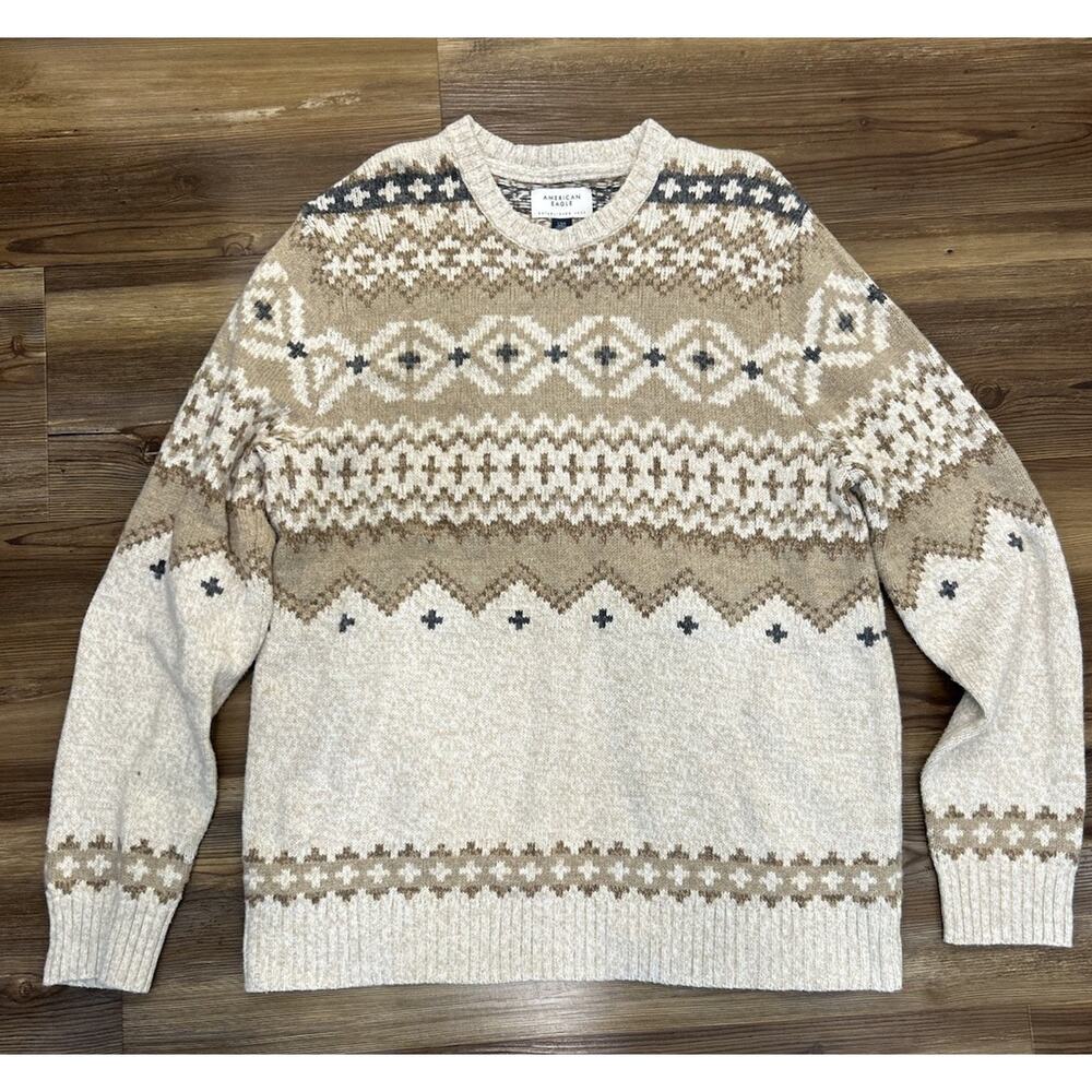 American‎ Eagle Sweater Mens Large Fisherman Beige Fair Isle Crewneck Pullover